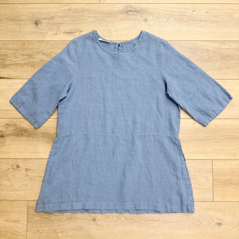 Bryn Walker Womens Blue 100% Linen Lagenlook Relaxed Tunic Top Large USA Made